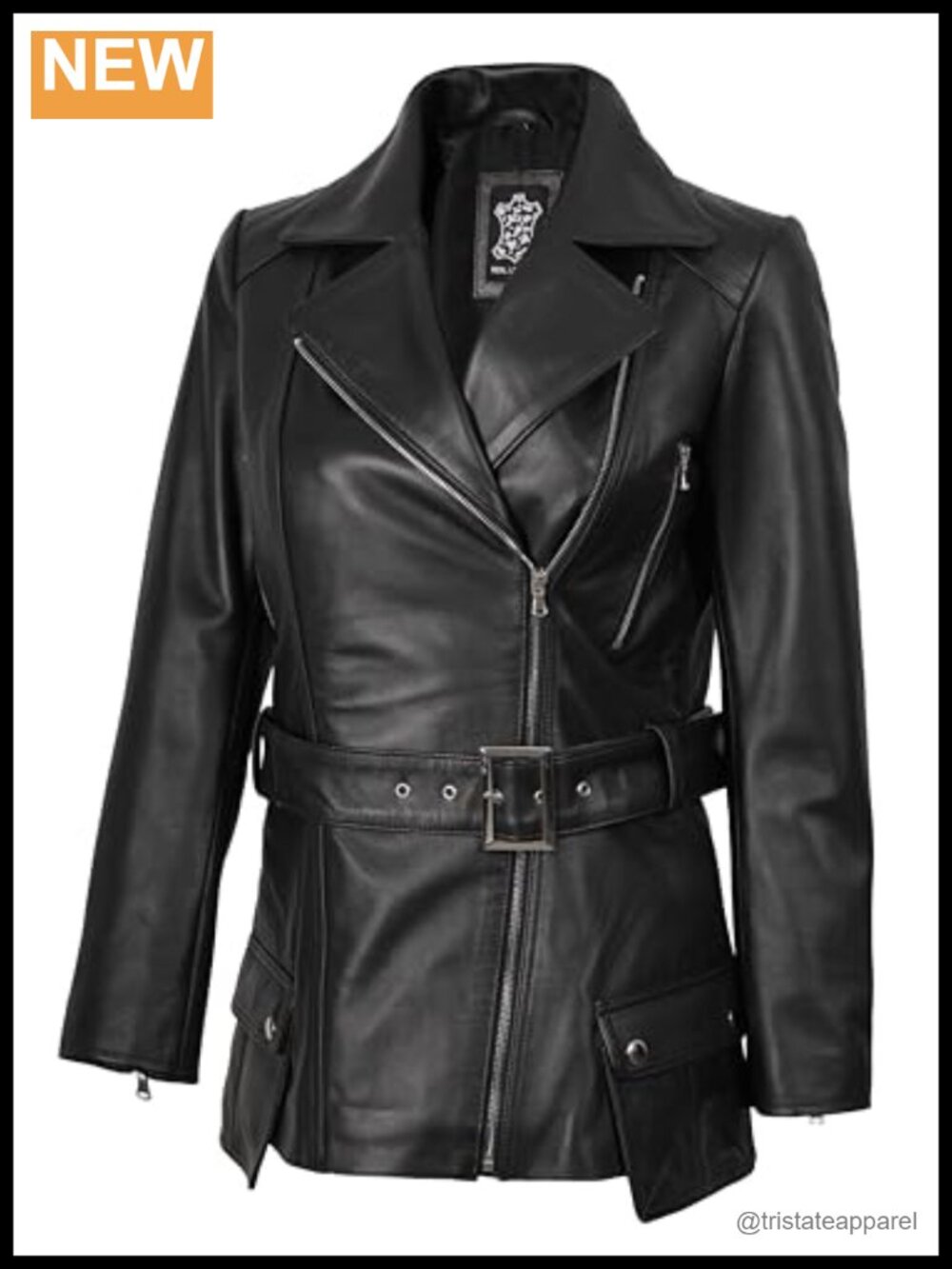 Real Lambskin Leather Women's Asymmetrical Belted Moto Jacket Long Coat